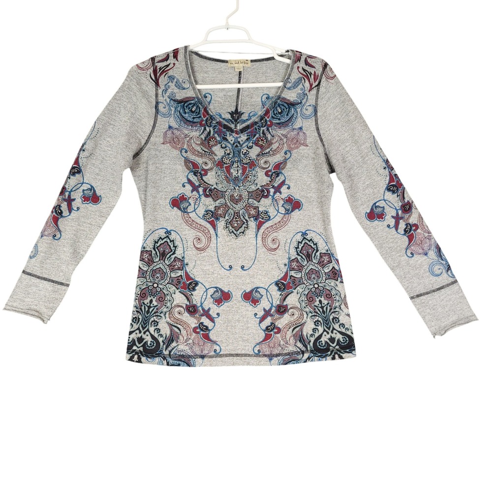 Live And Let Live Top Embellished Print Long Sleeve Casual Gray‎ Shirt
